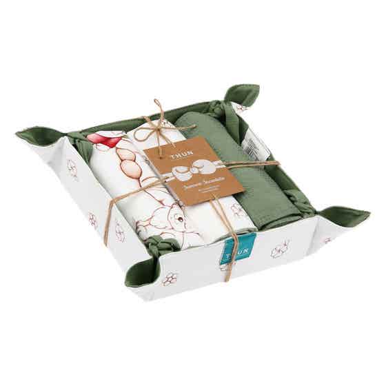 Set of 3 Inverno Incantato tea towels with fabric basket