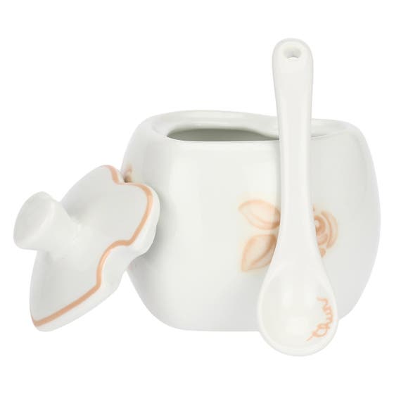 Mini heart-shaped porcelain sugar bowl with teaspoon