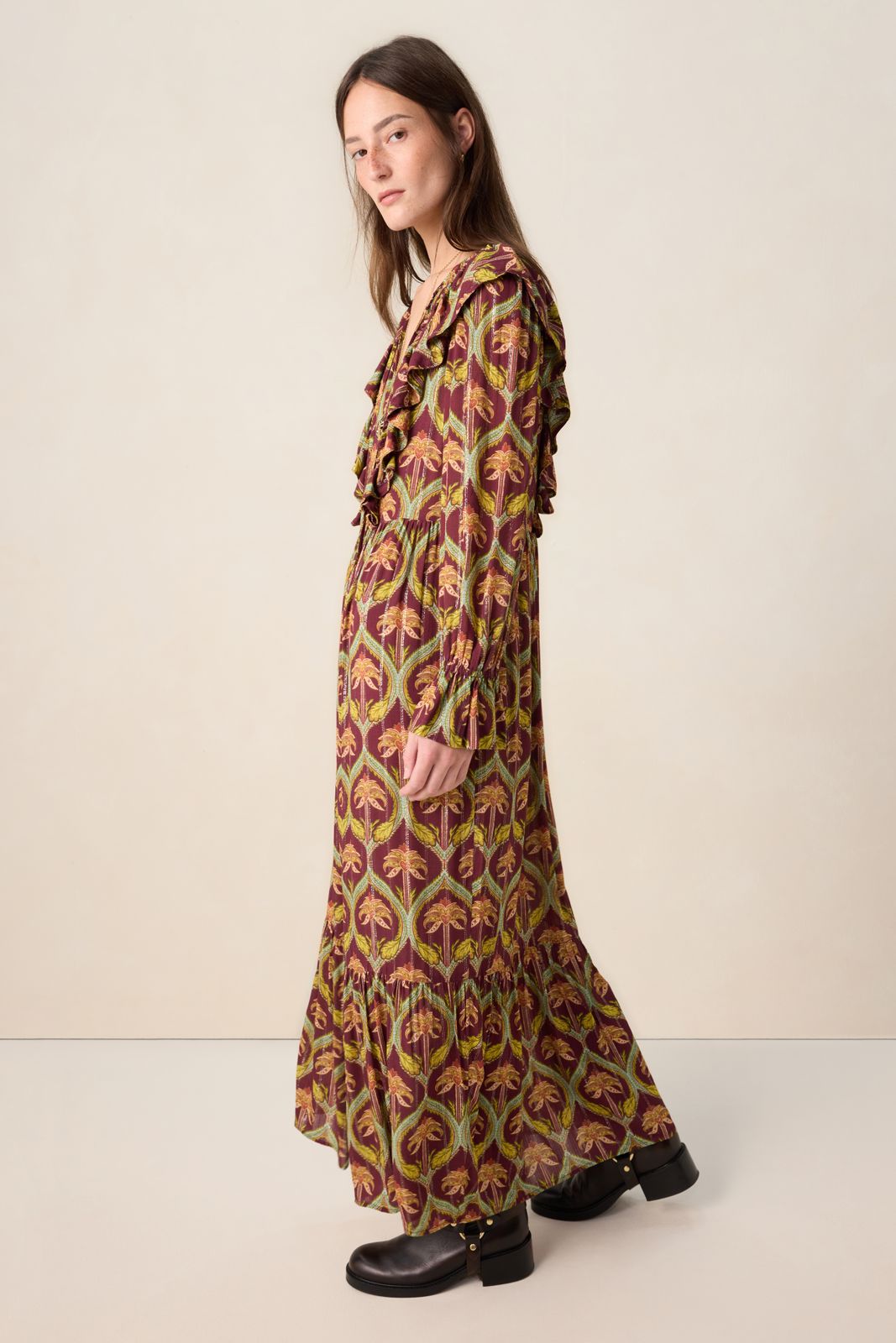 Donkerrode maxi jurk met palm print