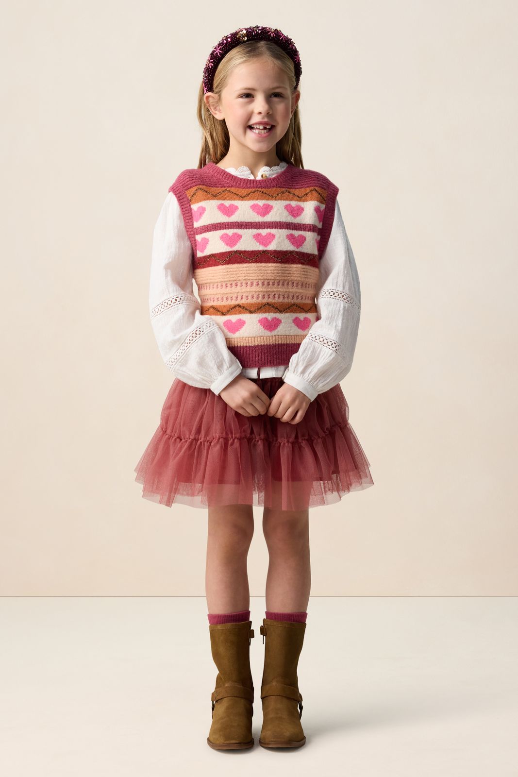 Roze jacquard spencer met hartjes