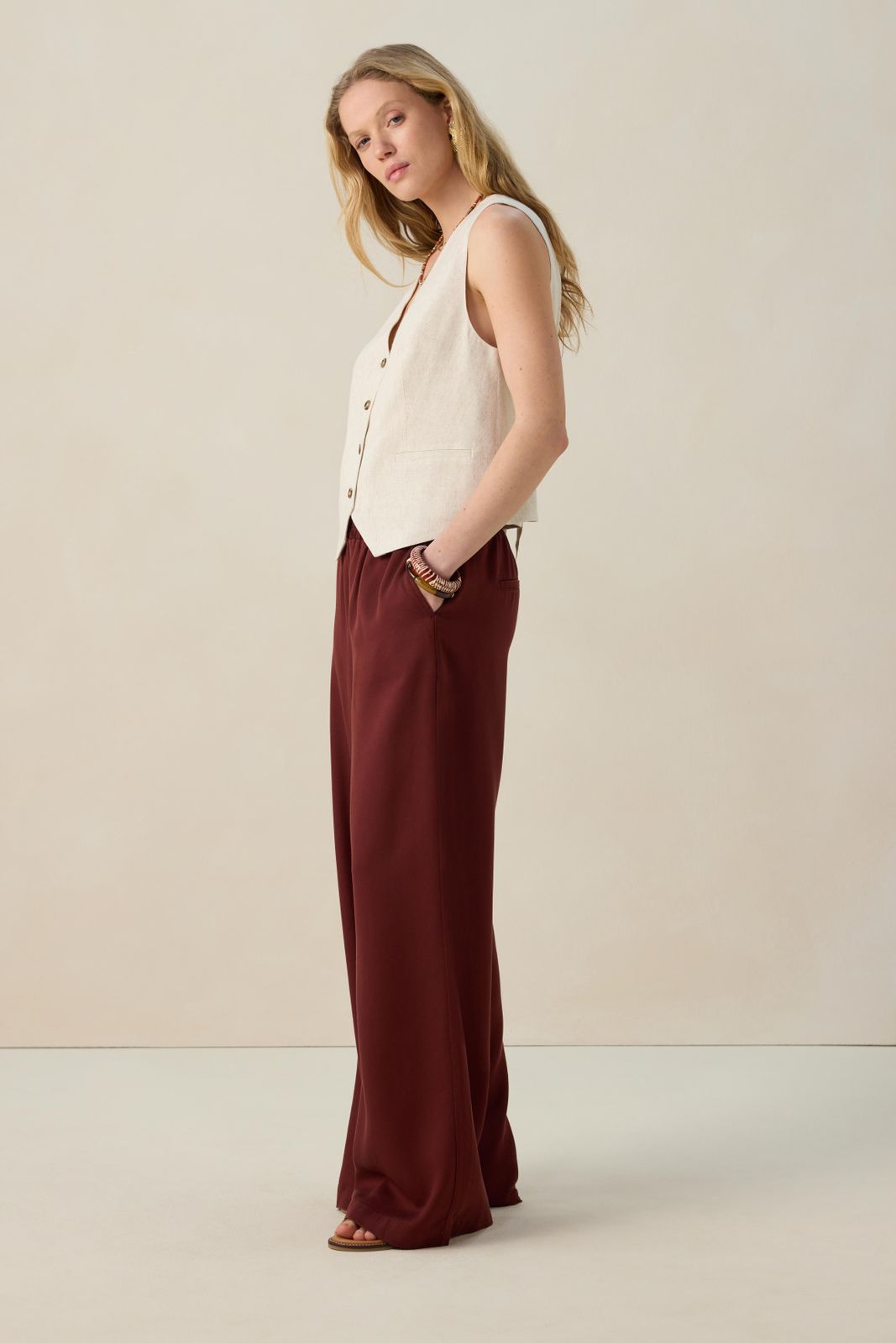 Donkerrode high waist wide leg broek