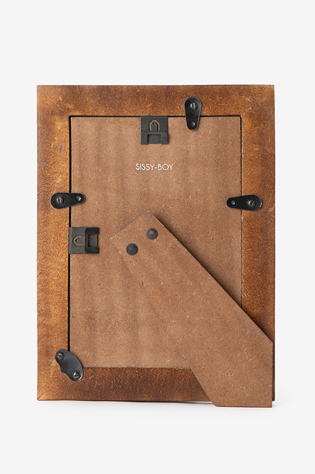 Donkerrode fotolijst met geblokte omlijsting