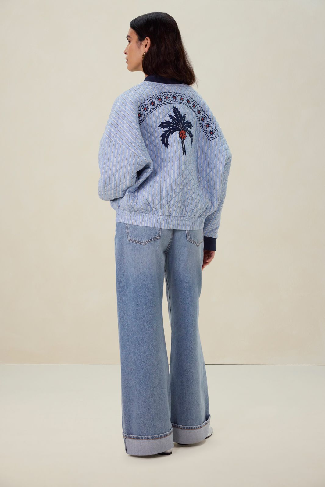 Lichtblauw gestreepte bomberjack met palmboom