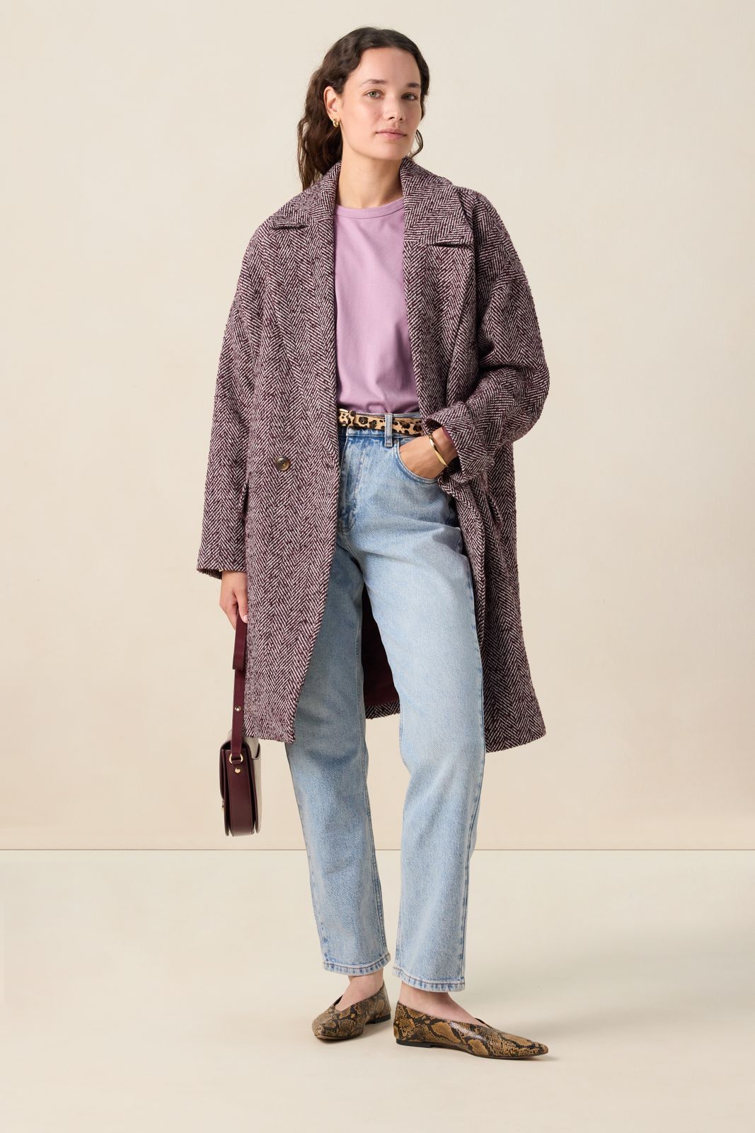 Donkerrode herringbone wollen jas