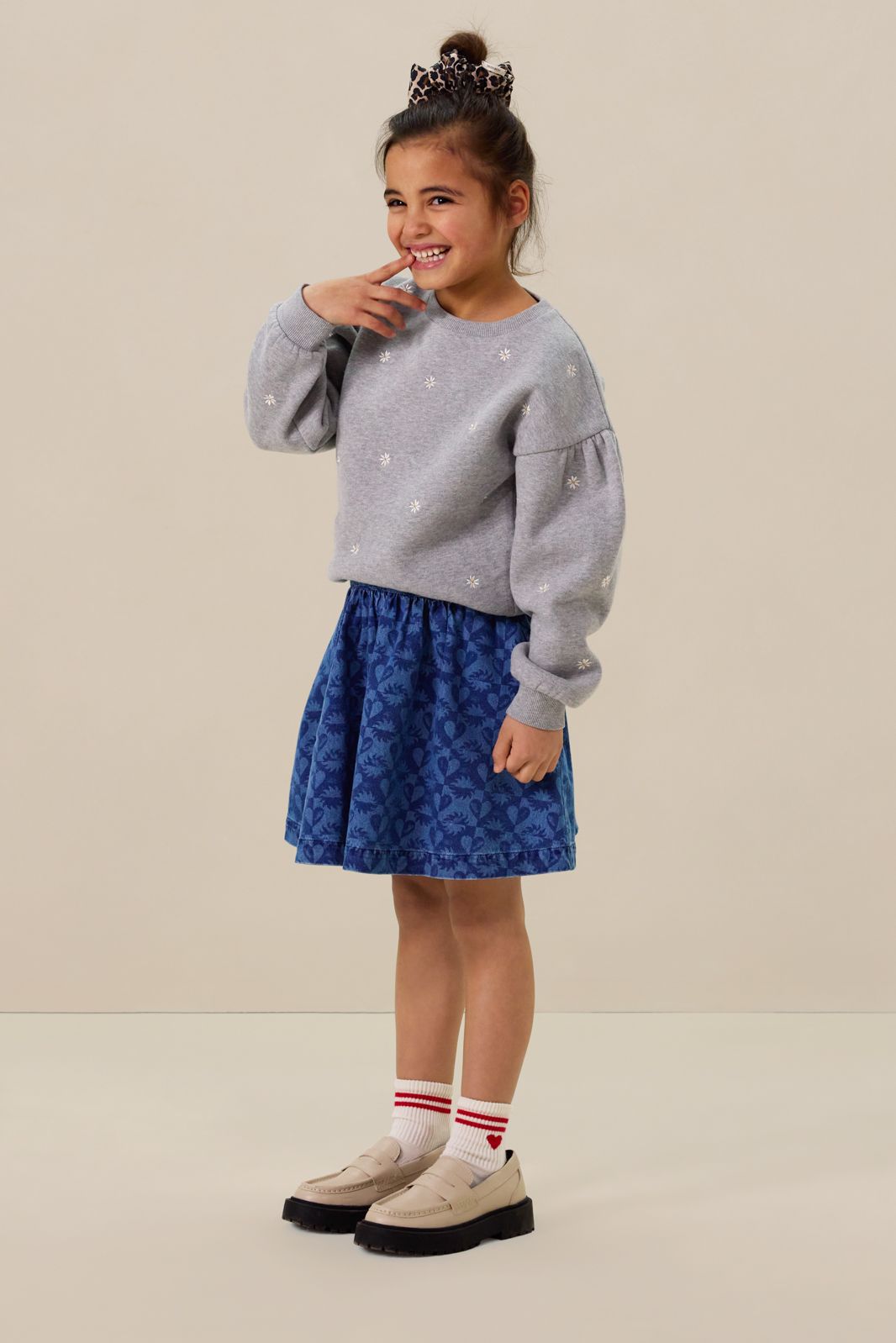 Blauwe denim rok met print