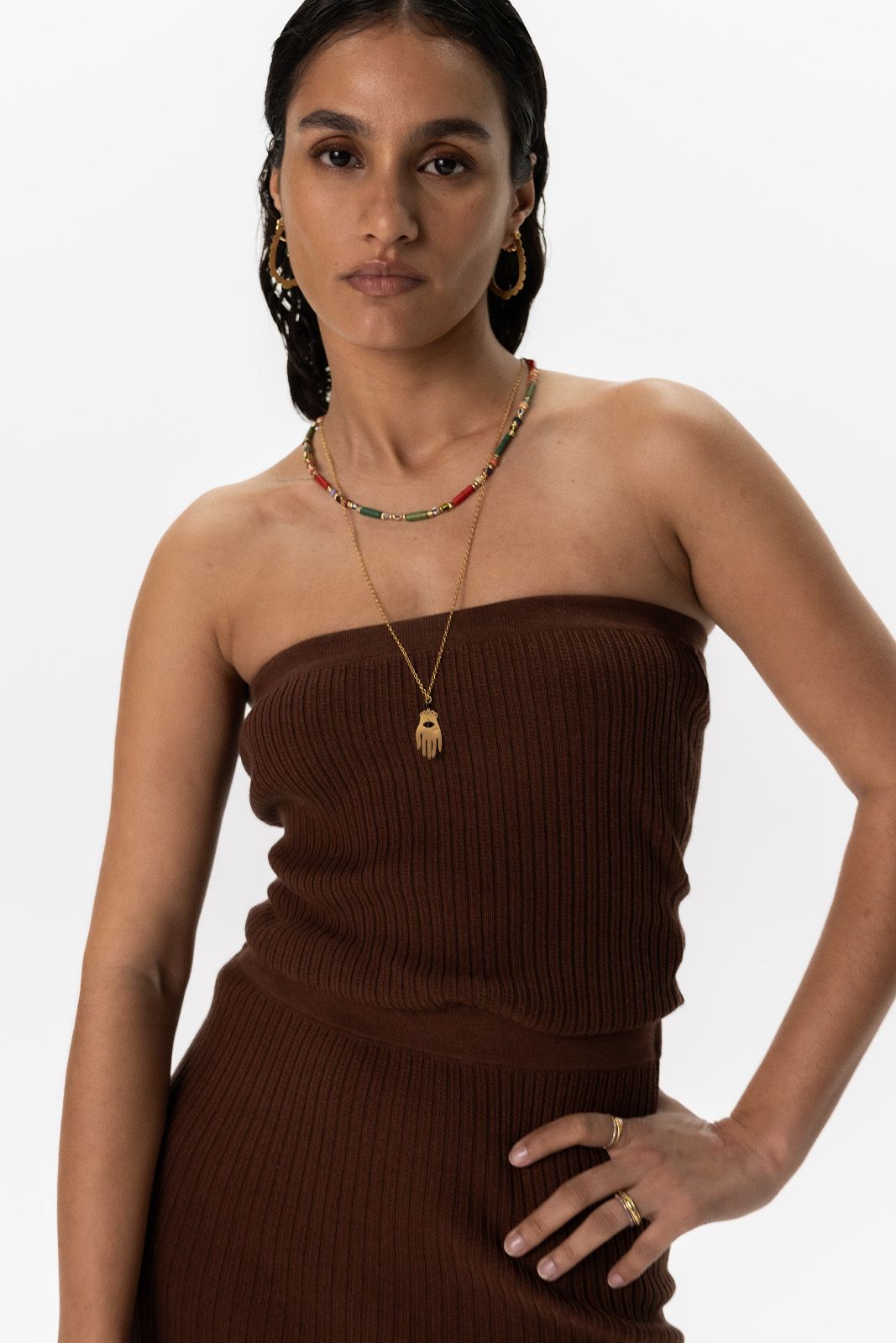 Donkerbruine strapless gebreide top