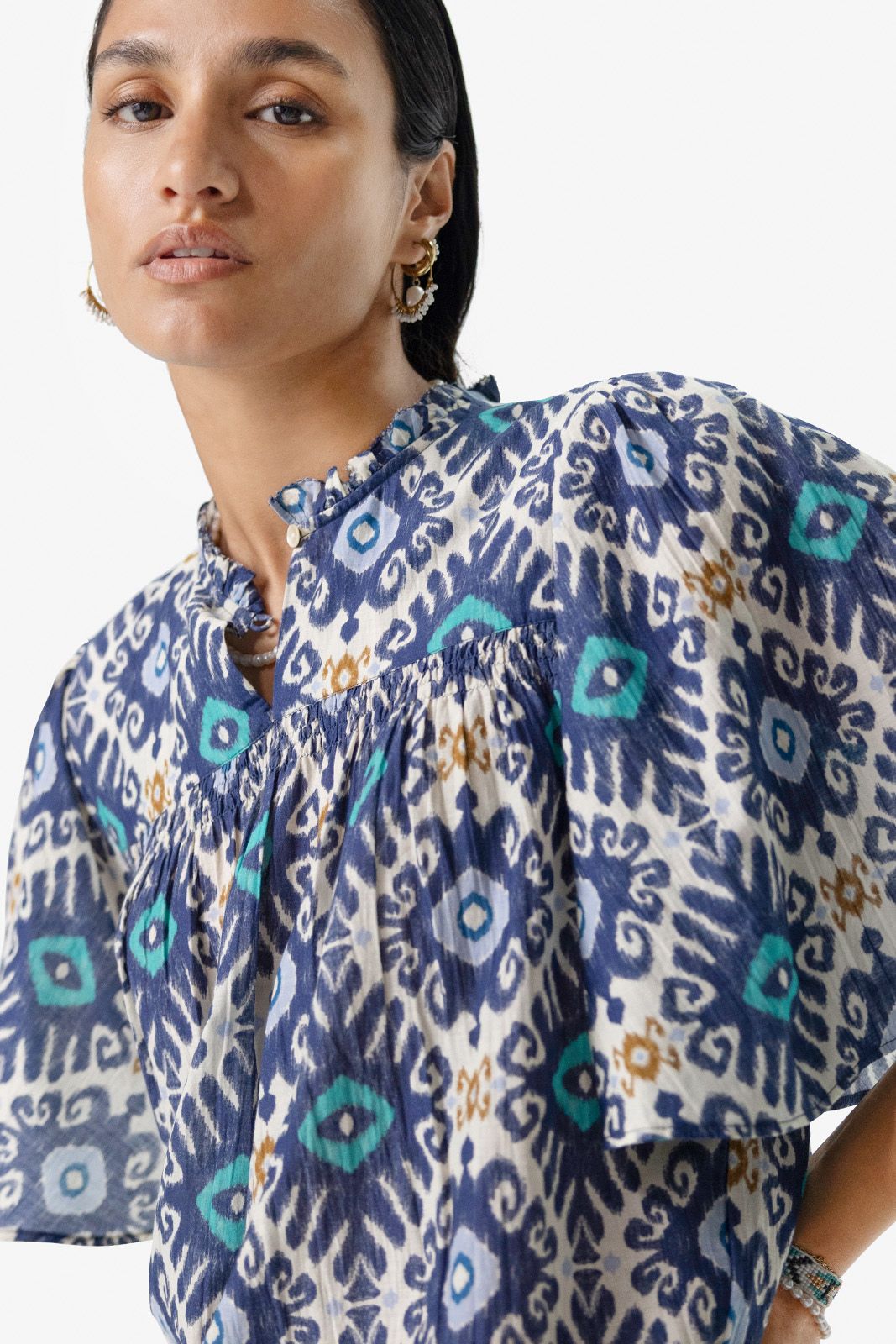 Blauwe A-lijn blouse met print
