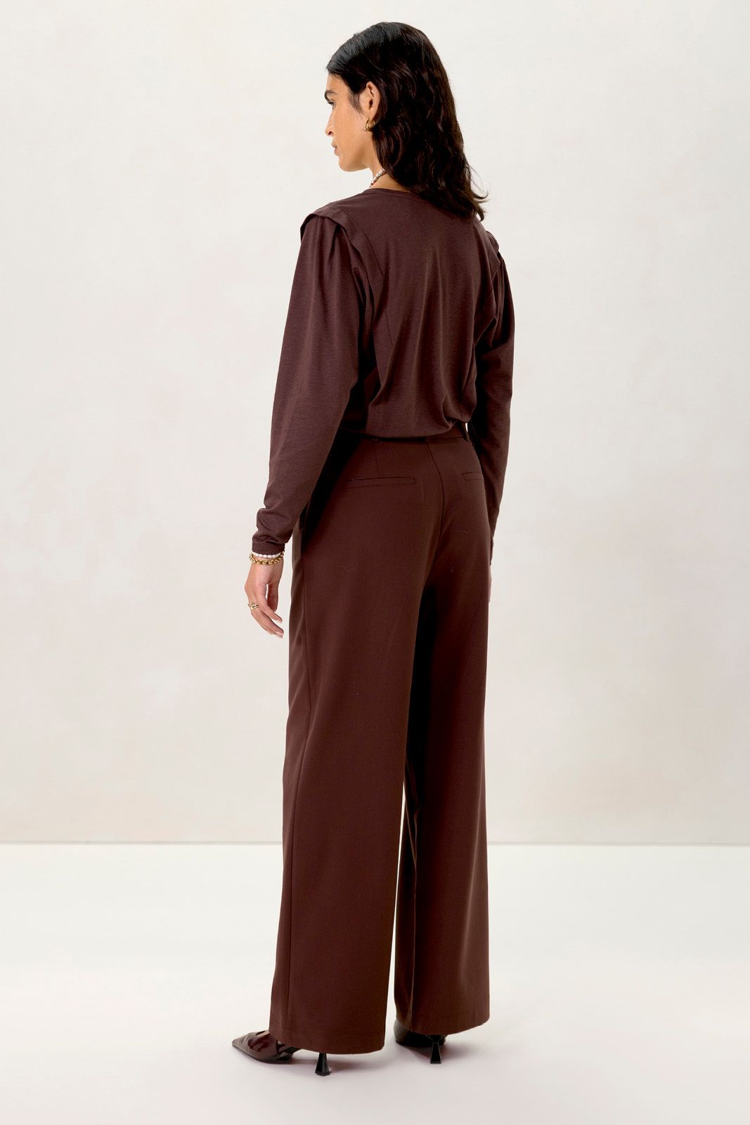 Donkerbruine mid waist wide leg pantalon