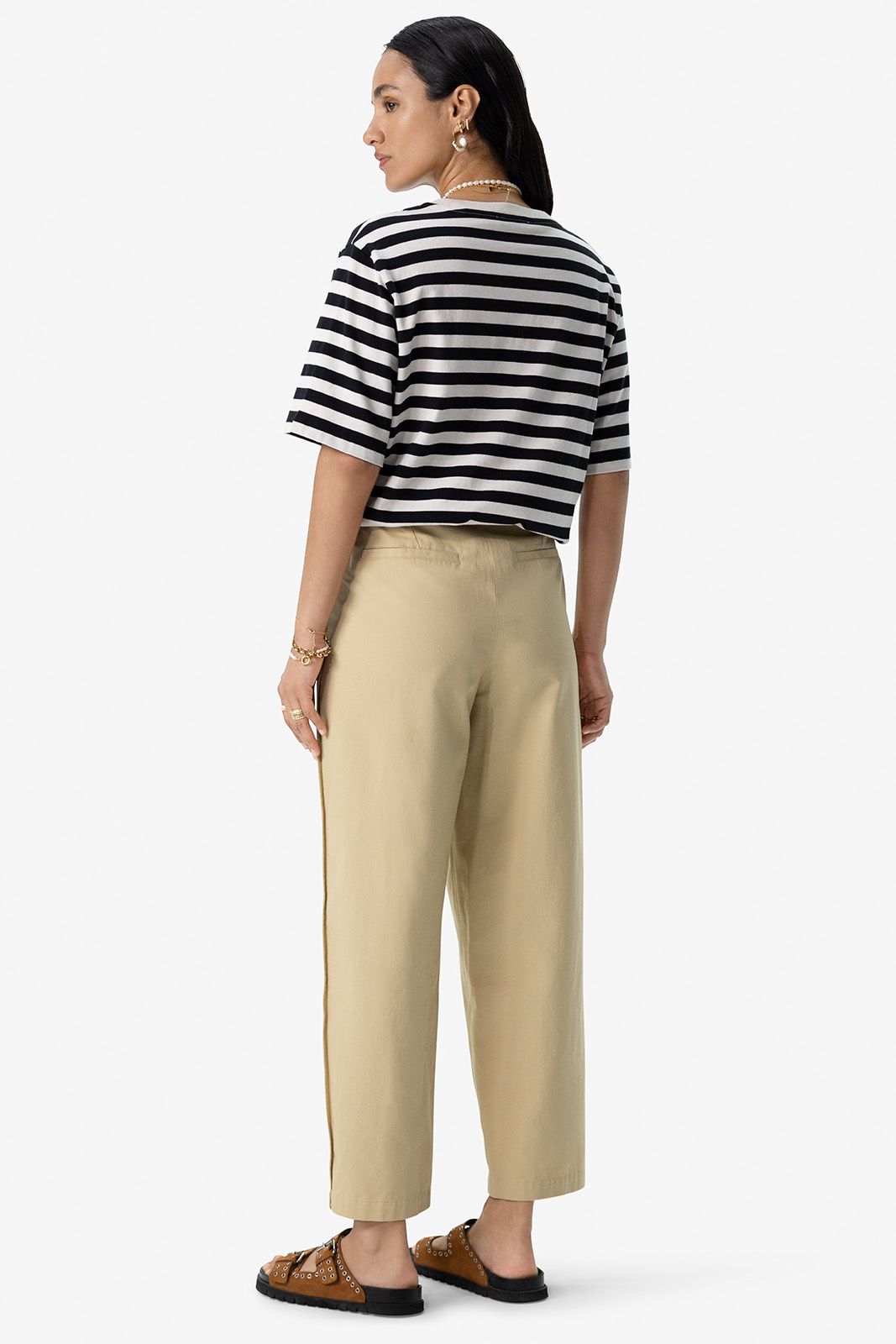 Beige mid waist katoenen bandplooibroek