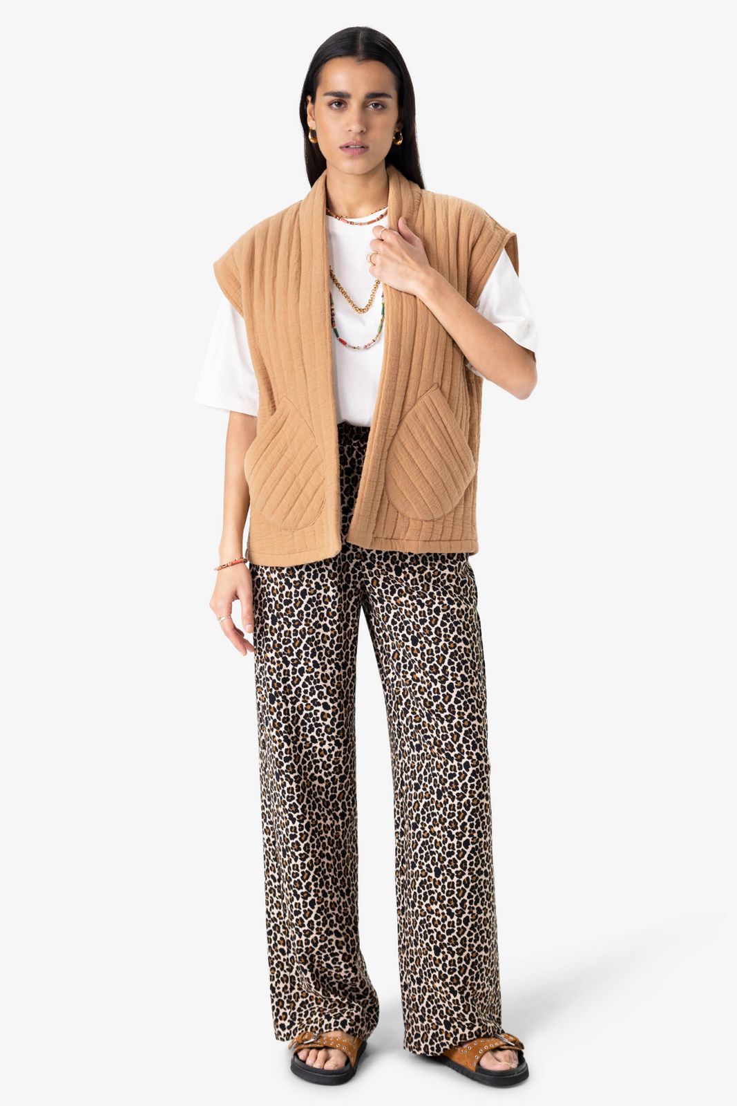 Bruine high waist wide leg broek met leopard print