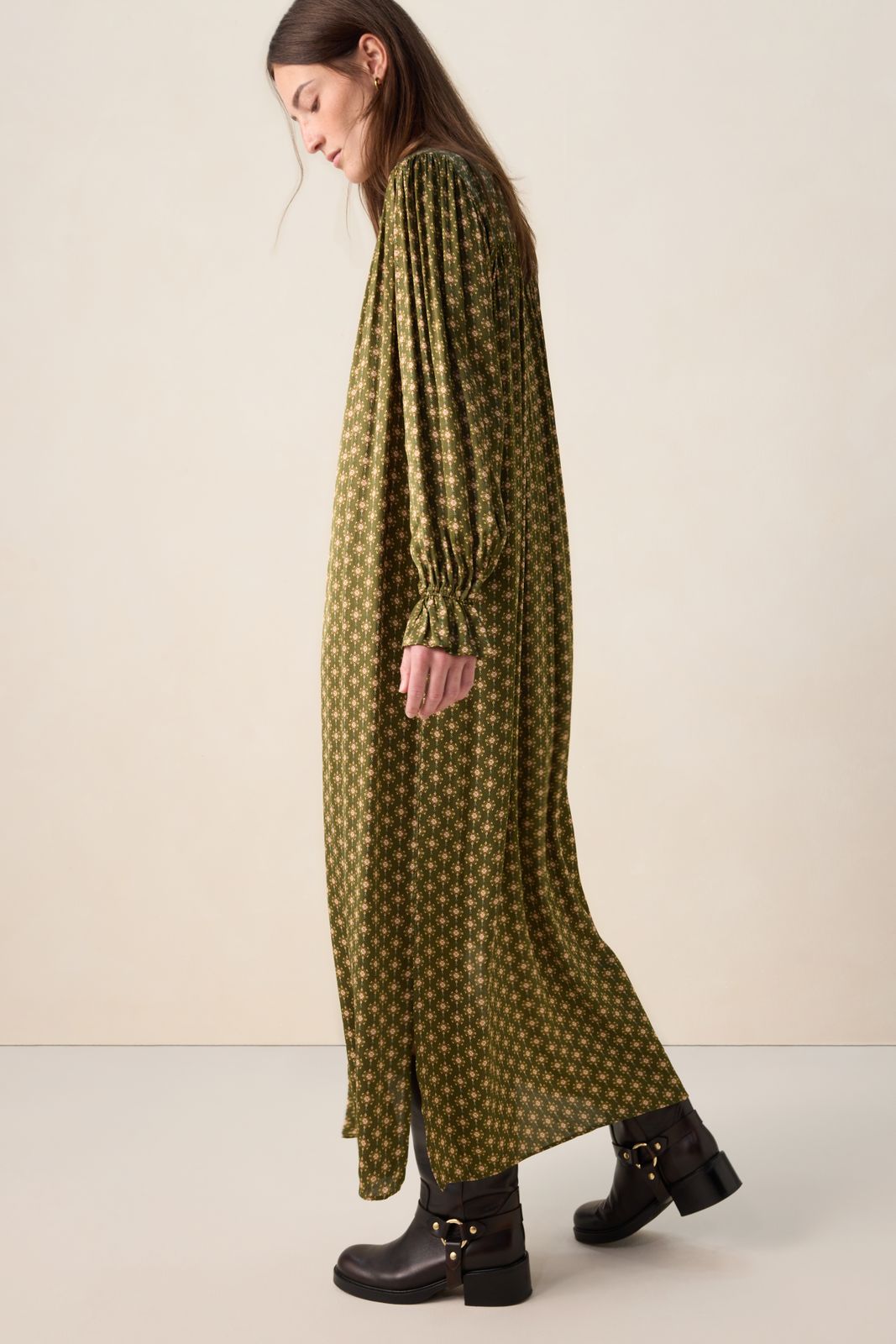 Donkergroene maxi jurk met print