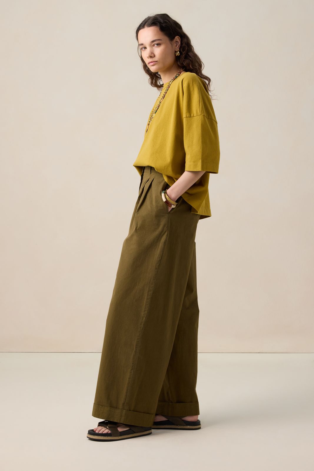 Donkergroene mid waist poplin broek