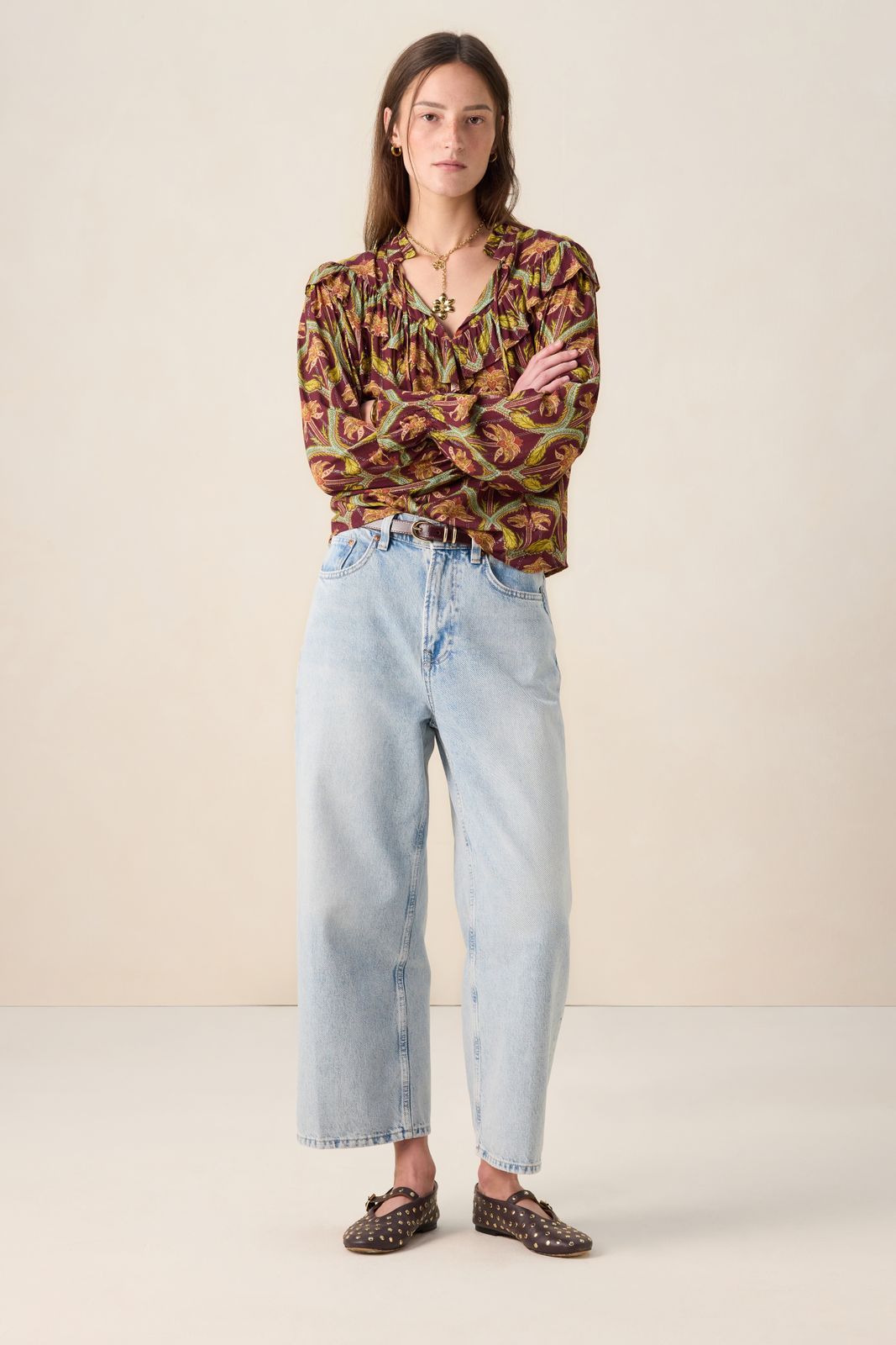 Donkerrode blouse met palm print