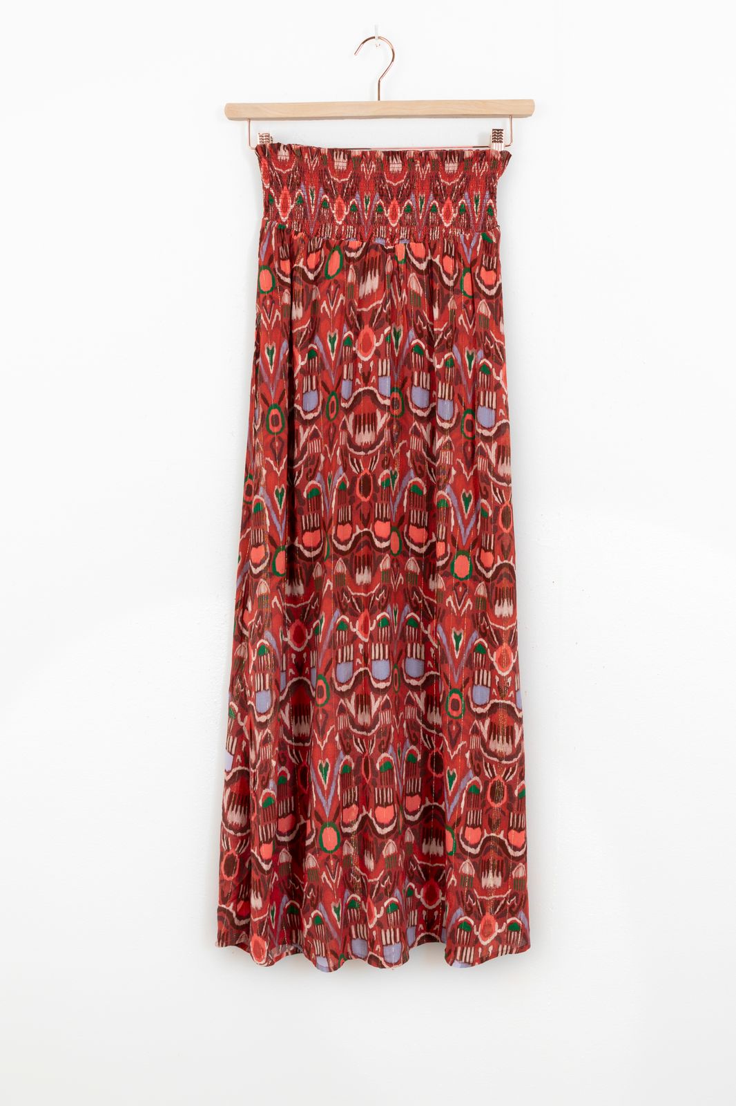 Donkerrode maxi rok met ikat print en splitten
