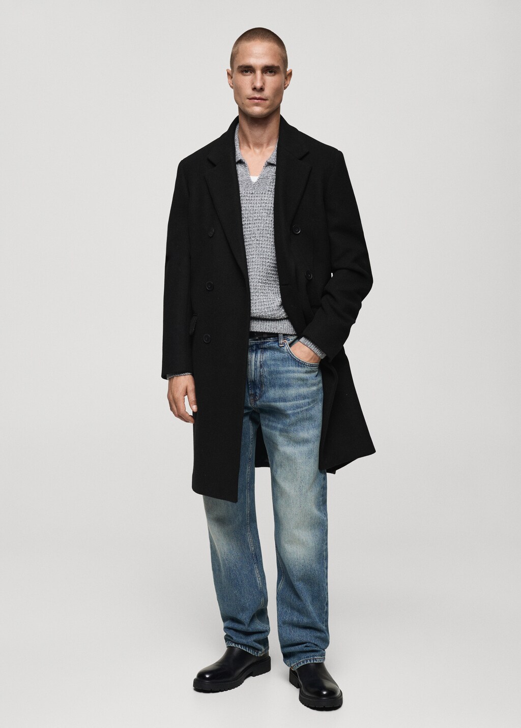 Recycled wool double-breasted coat - Black
