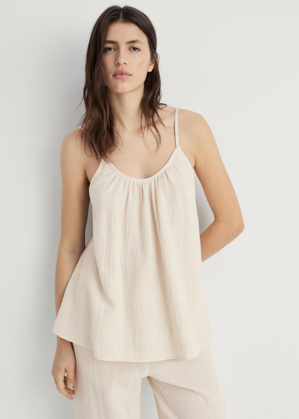 Plain cotton spaghetti-strap pyjama top - White