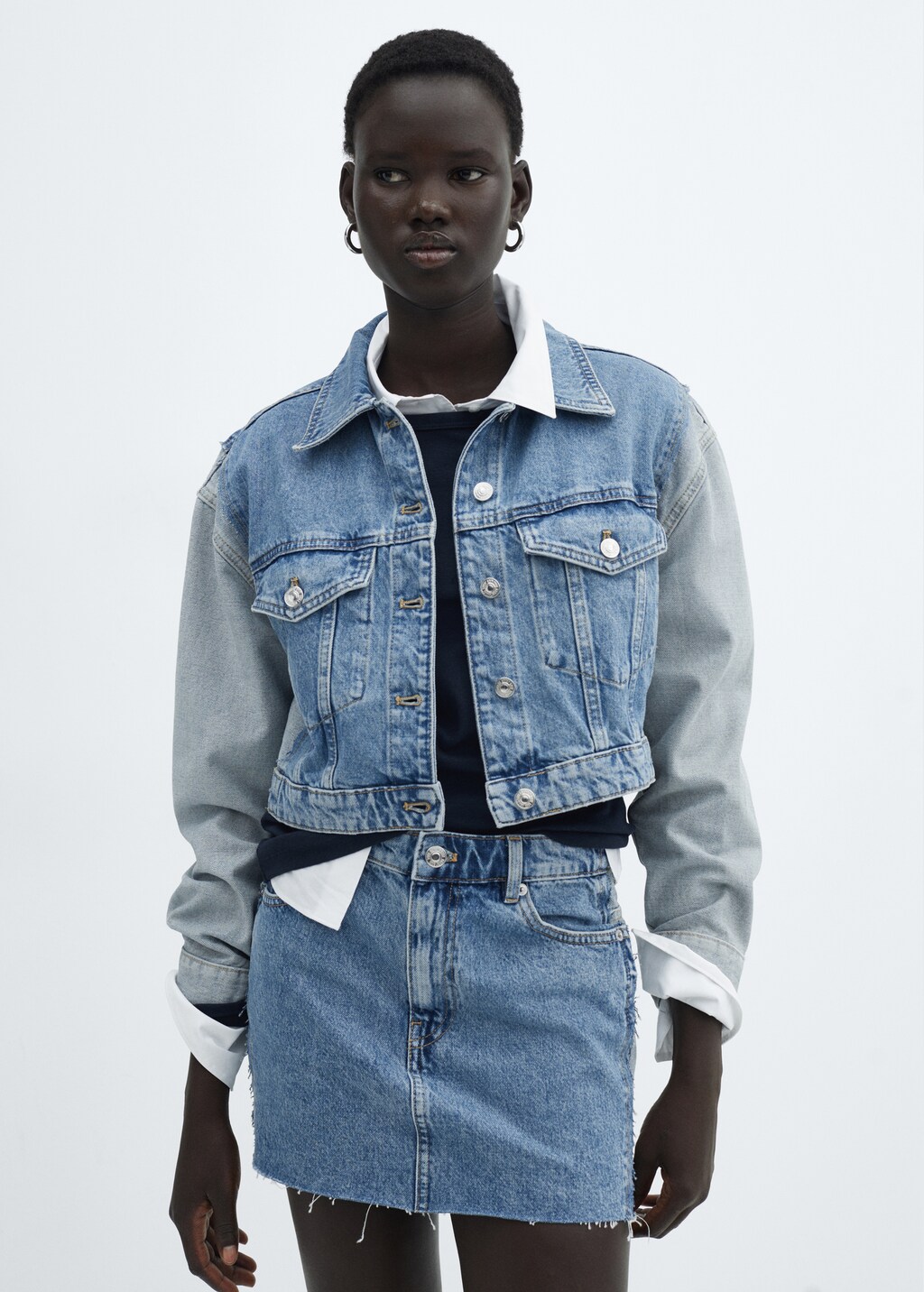 Two-tone cropped denim jacket - Medium Blue