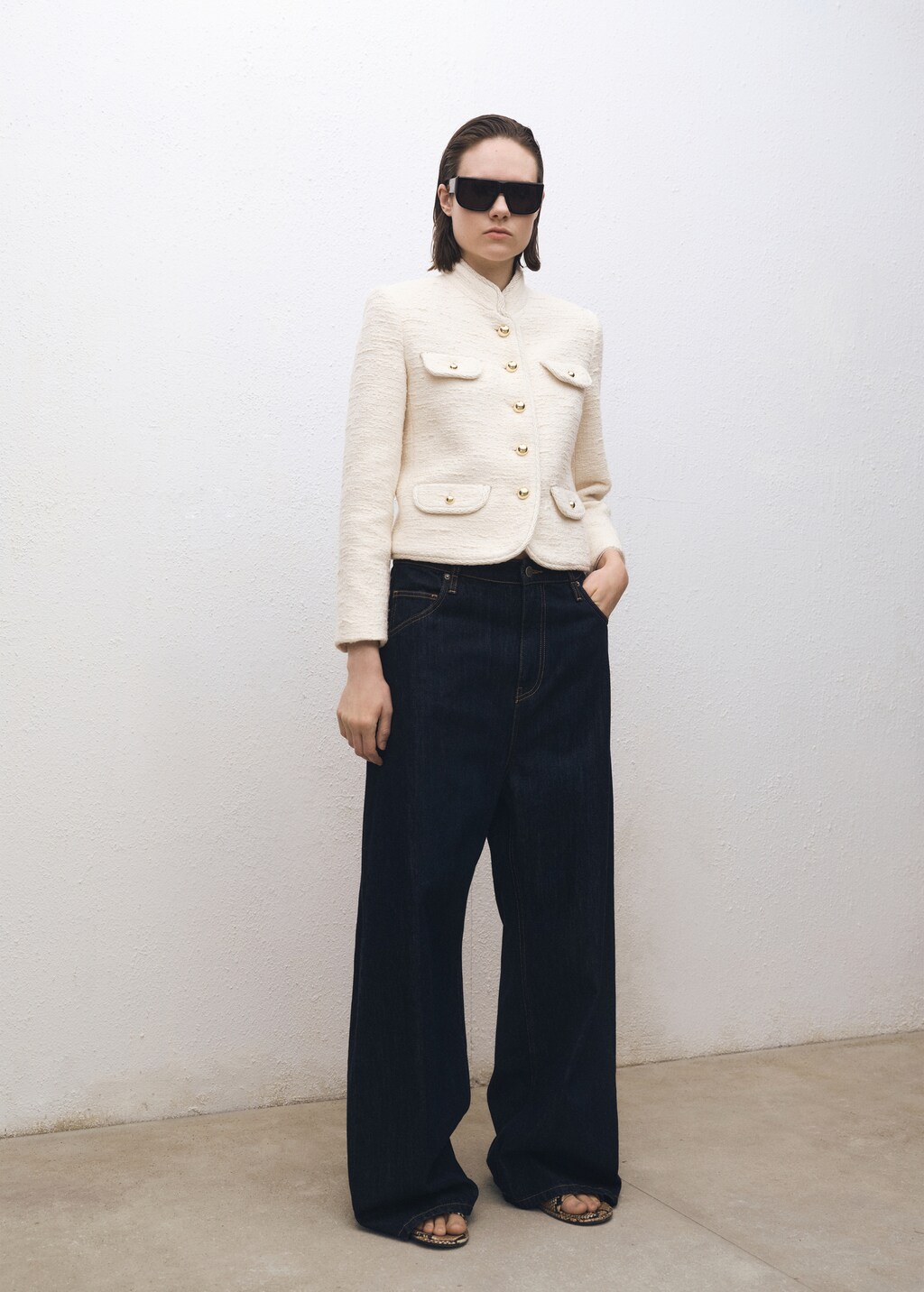 Tweed jacket with striped collar - Ecru