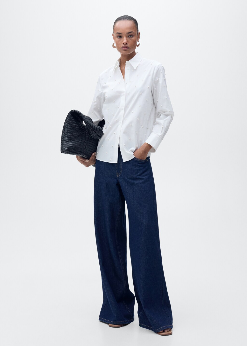 Cotton shirt with pearl detail - White