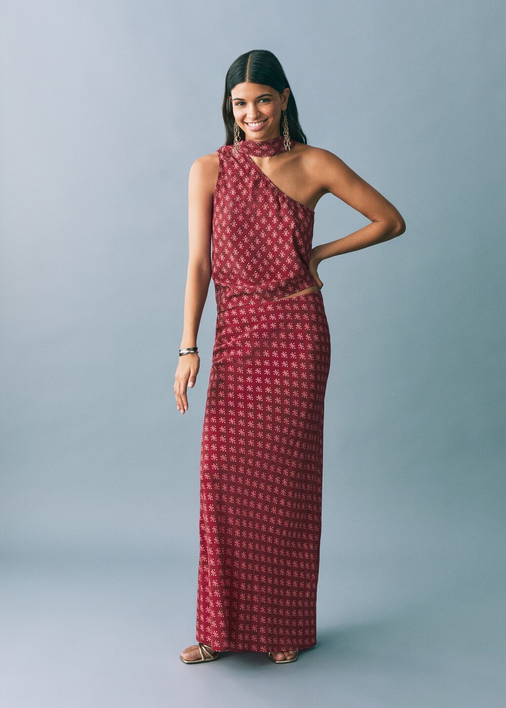 Asymmetric printed top - Maroon