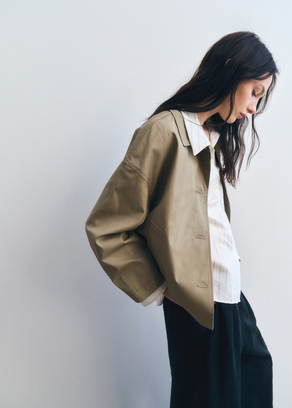 Straight cotton jacket with buttons - Khaki