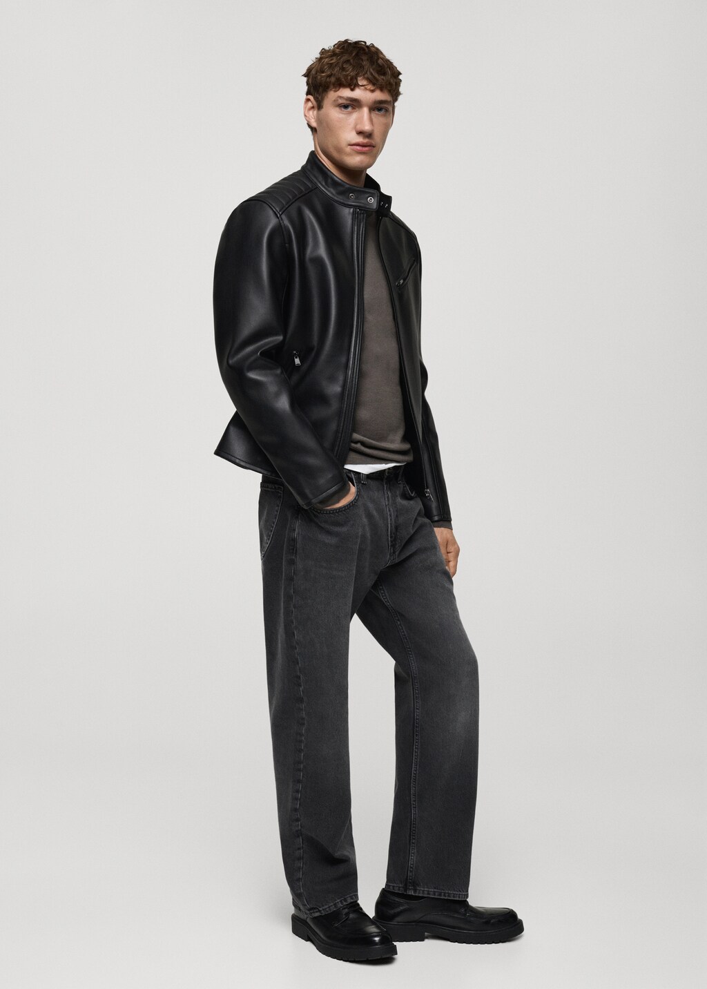 Leather-effect jacket with stitching detail - Brown