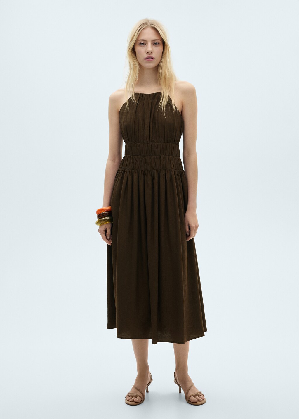 Midi-dress with gathered waist - Brown
