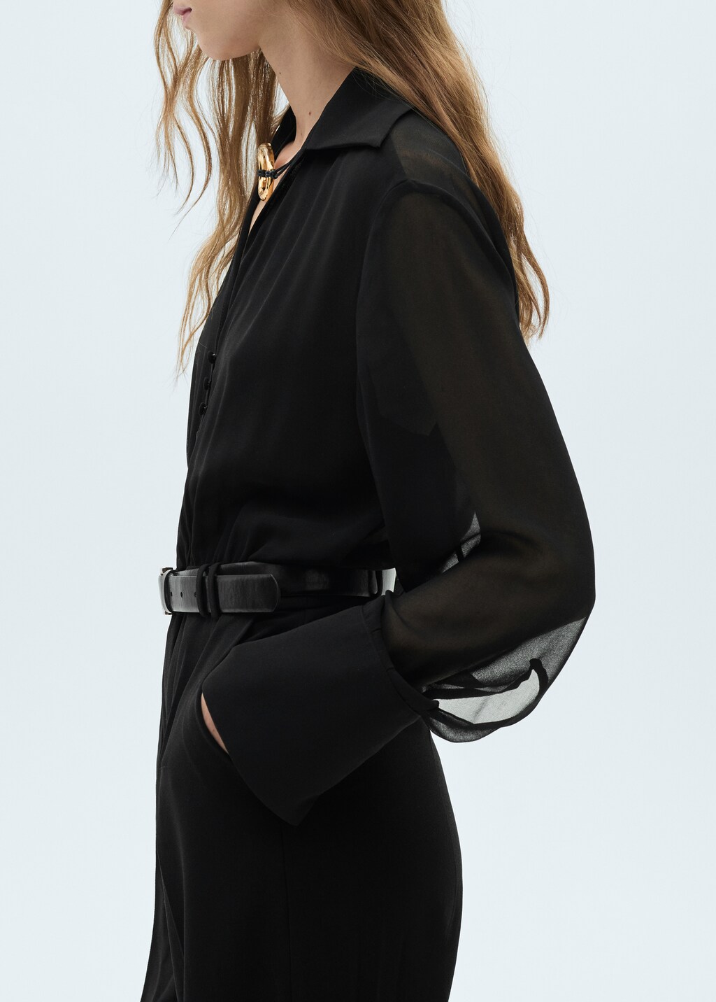 Wideleg jumpsuit with semi-transparent sleeves - Black