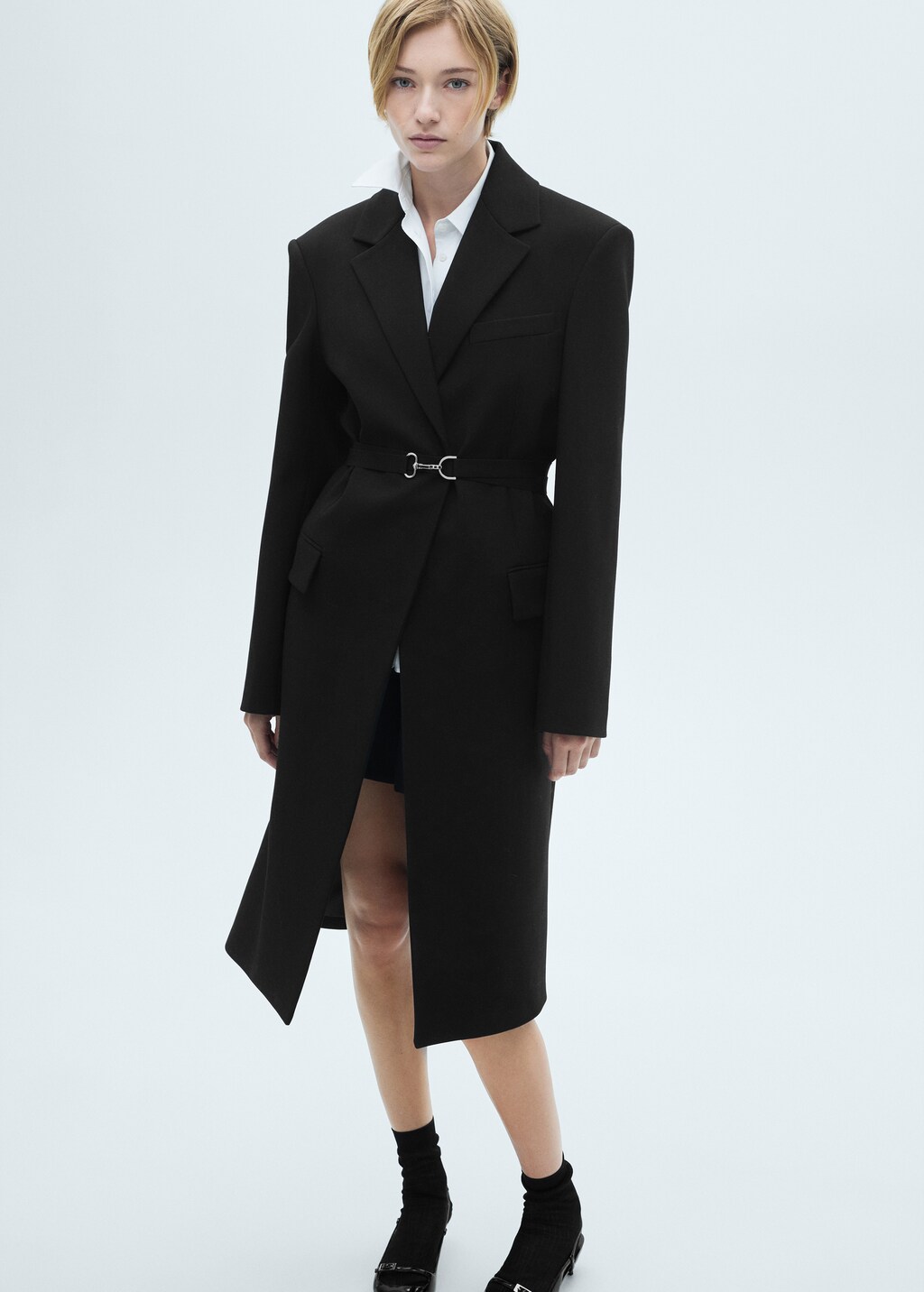 Structured double fabric coat with belt - Black