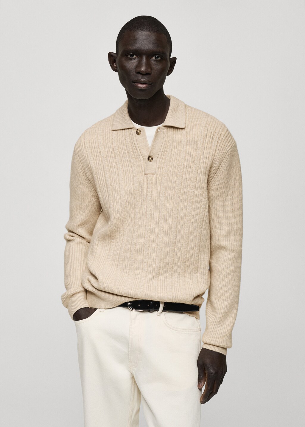 Knitted structured polo sweater - Ecru