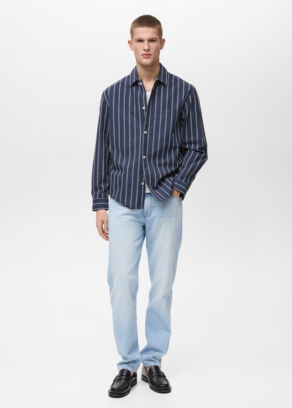 Regular-fit striped 100% cotton shirt - Dark Navy