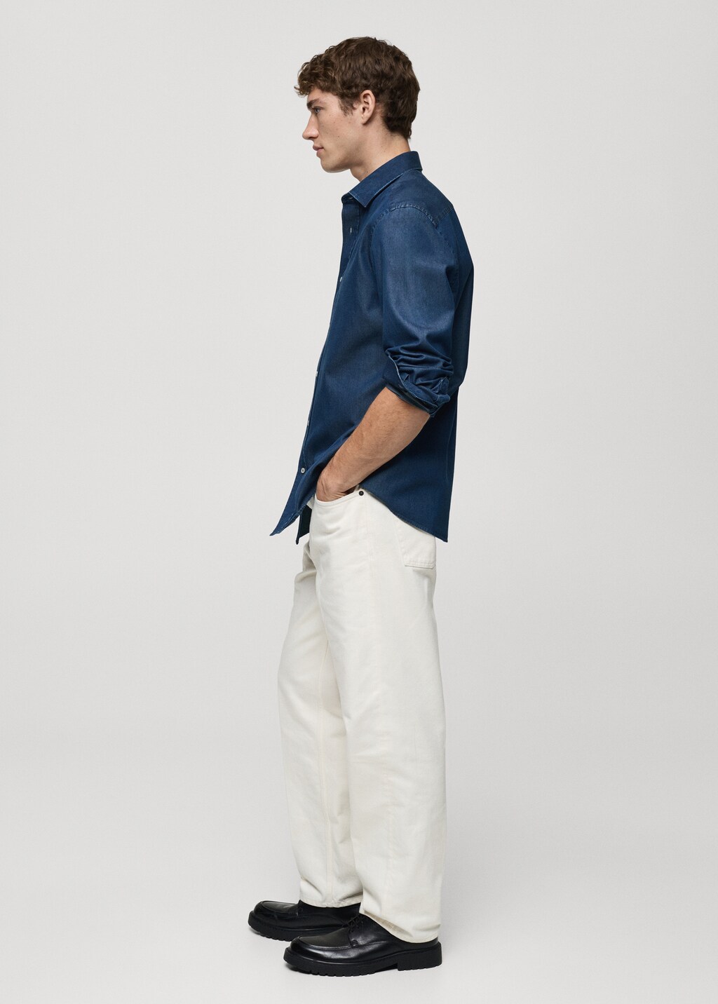 Slim fit cotton chambray shirt - Dark Blue