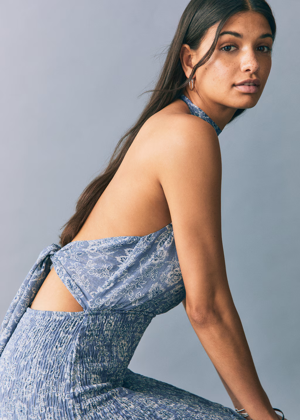 Halter-neck printed dress - Sky Blue