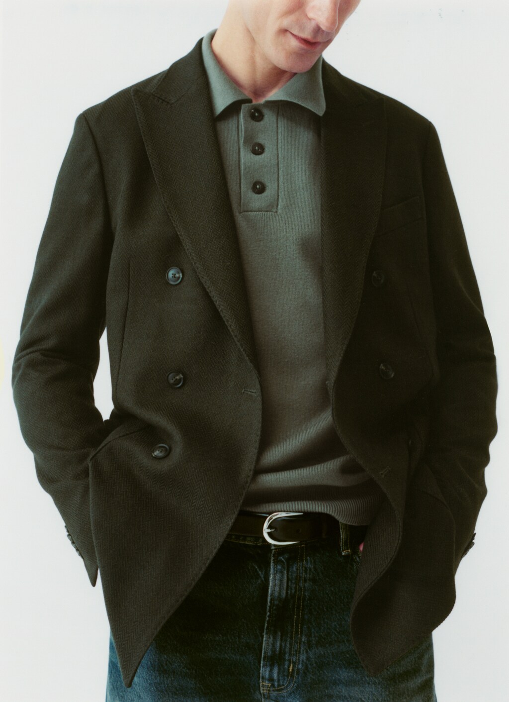 Twill slim-fit double-breasted jacket - Dark Navy