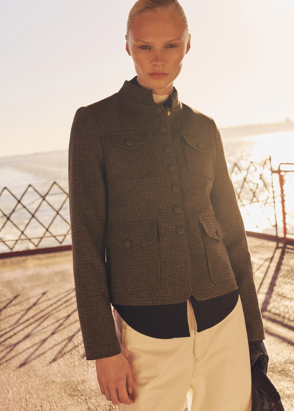 Micro-houndstooth wool jacket - Brown