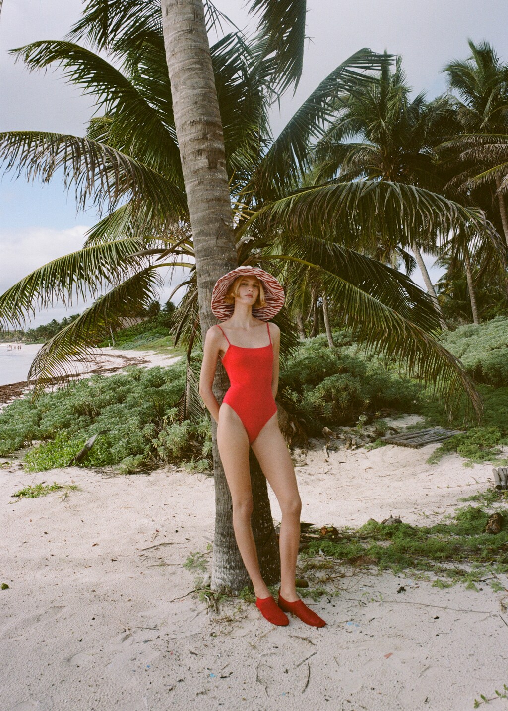 Ribbed knit straps swimsuit - Red