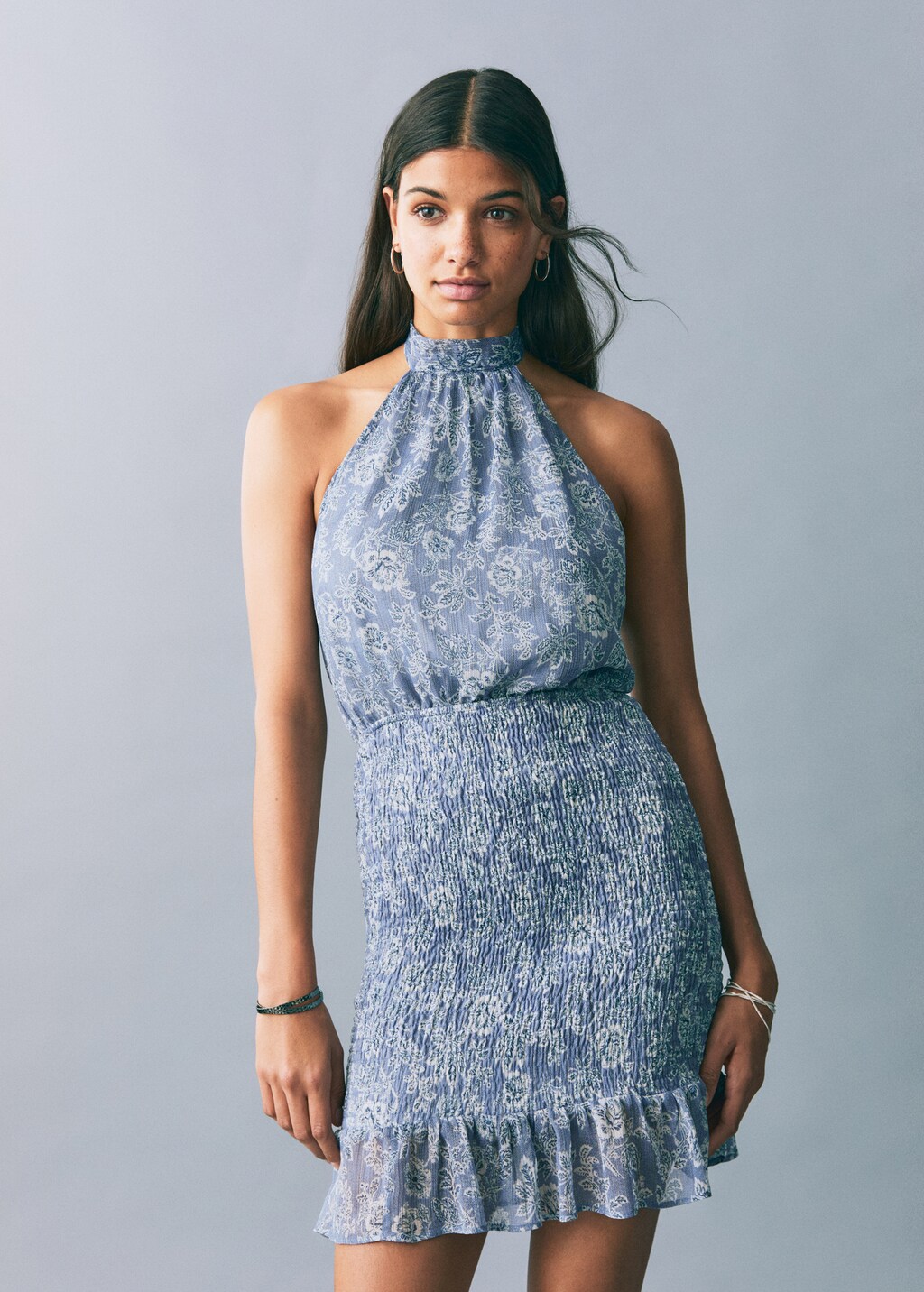 Halter-neck printed dress - Sky Blue