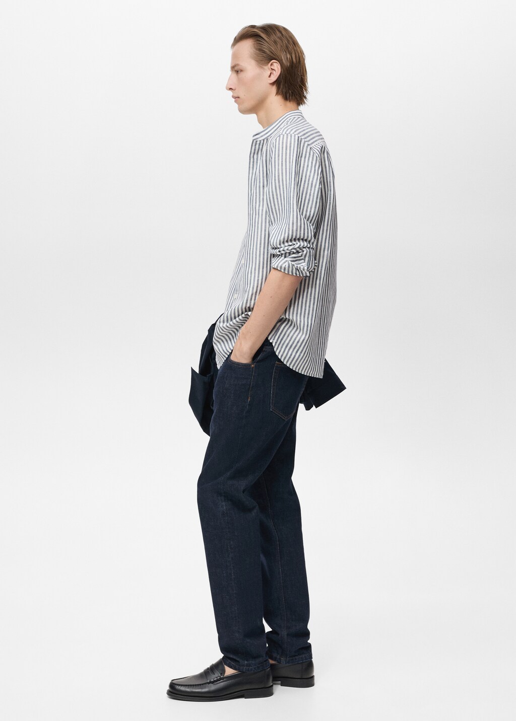 Striped mandarin-collar linen shirt - Dark Navy