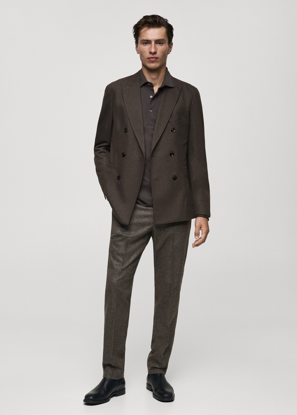 Flannel virgin wool double-breasted jacket - Brown