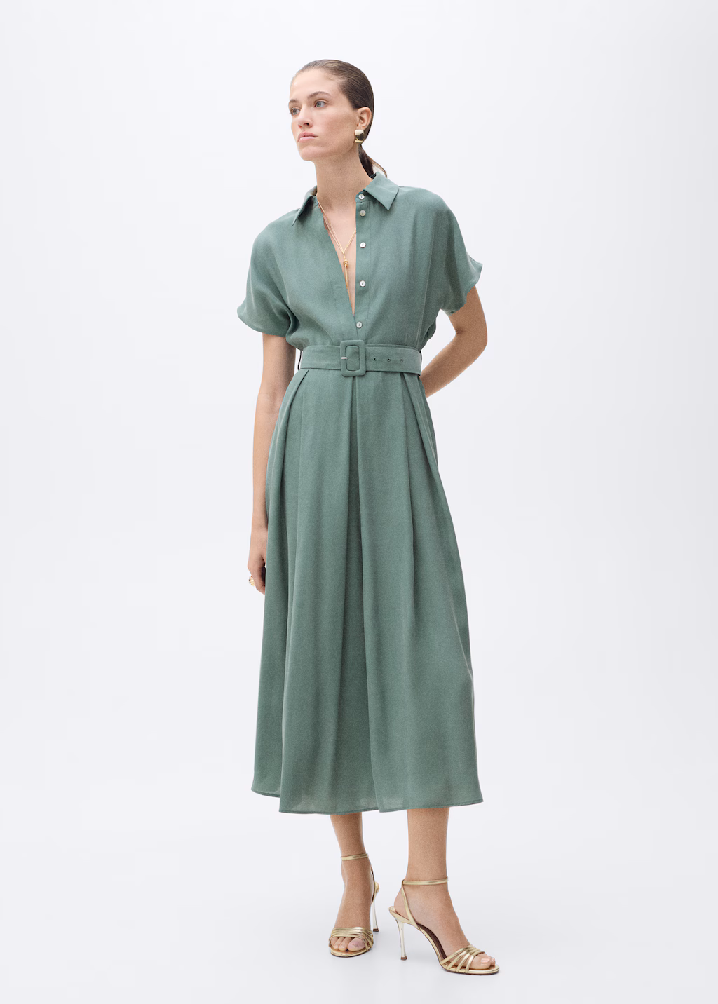 Flared midi-dress with belt - Red