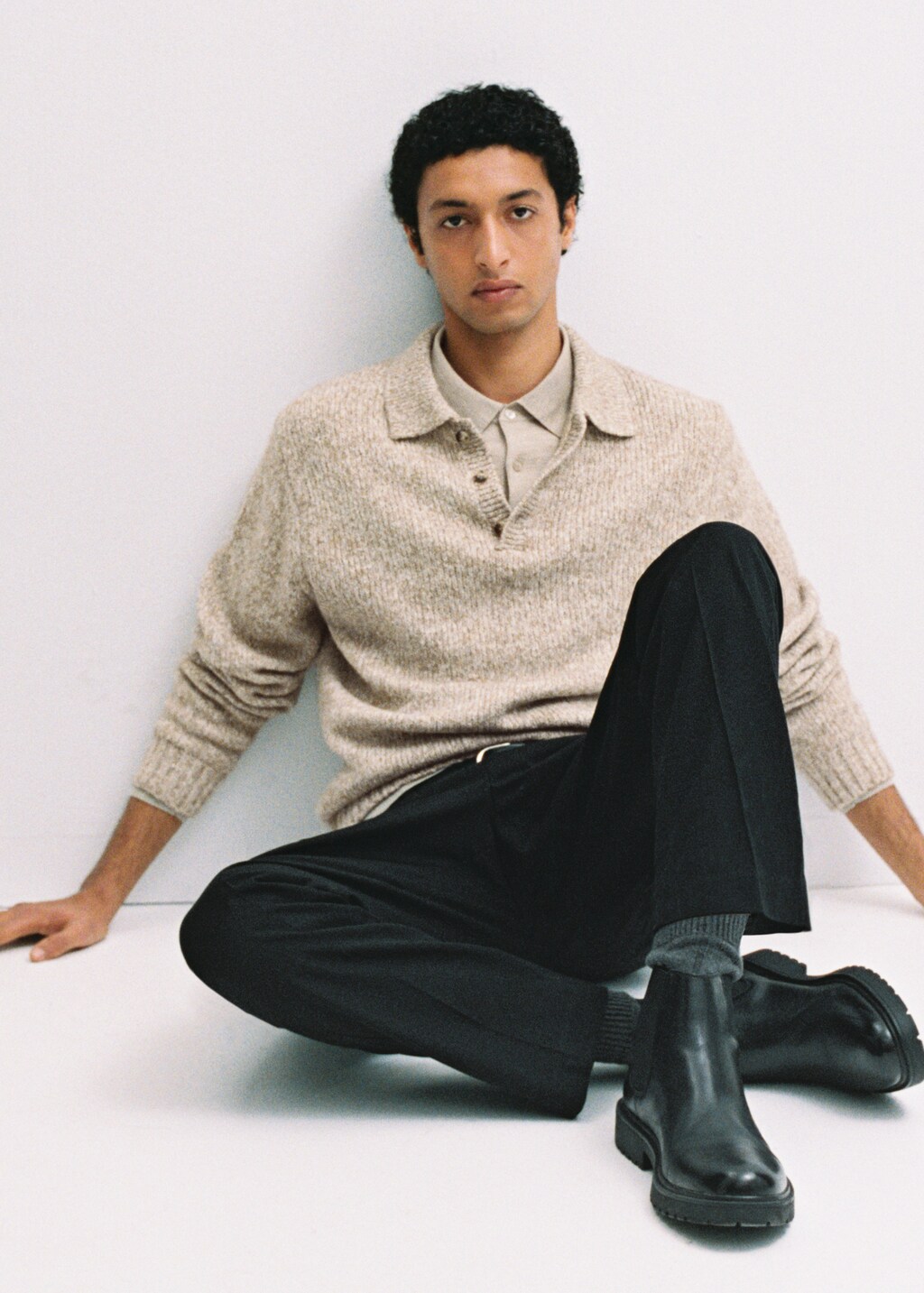 Knitted wool blend polo sweater - Mink Grey