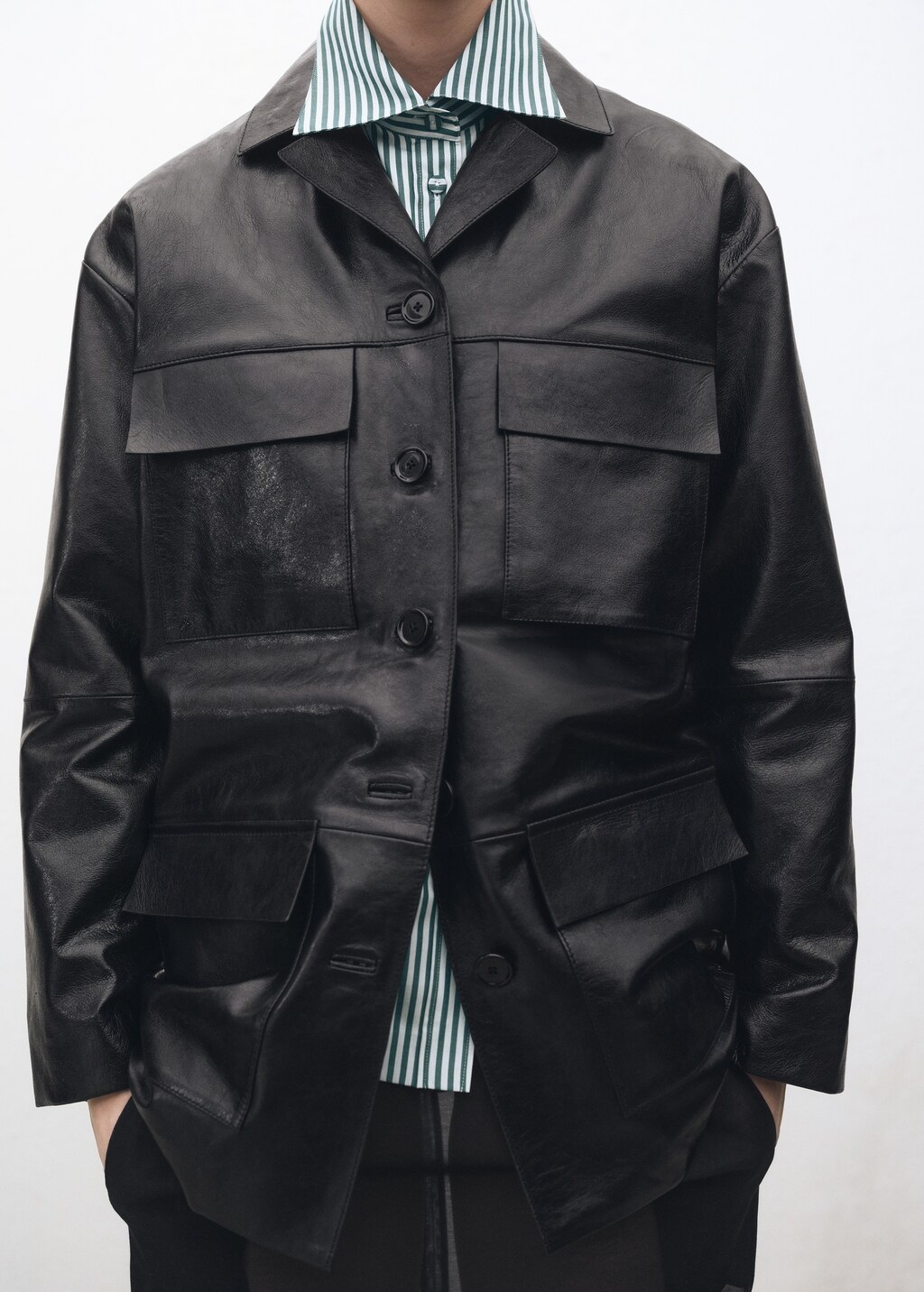 Oversized leather jacket with pockets - Black