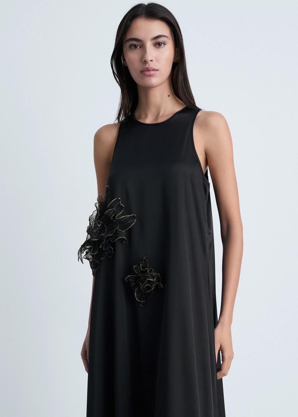 Satin maxi-flower dress - Black