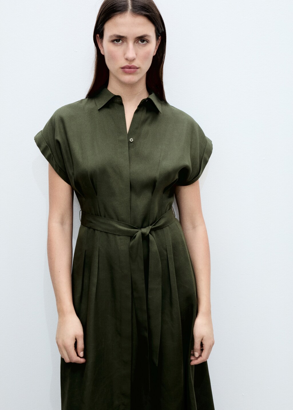 Linen and lyocell-blend shirt dress with belt - Khaki