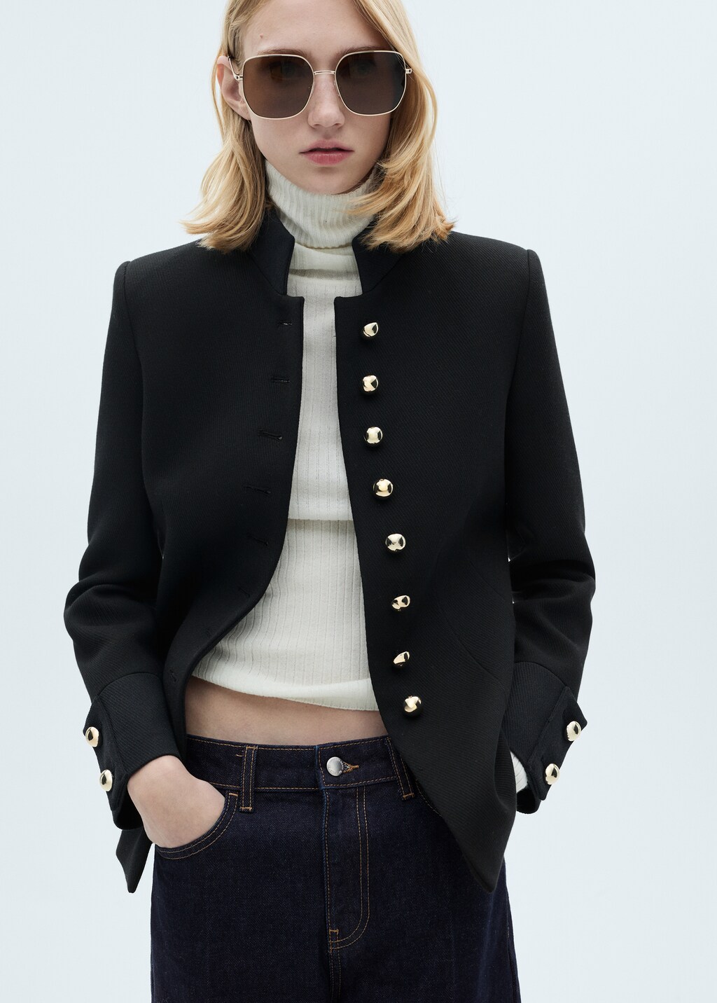 Jacket with jewel-button strip collar - Black