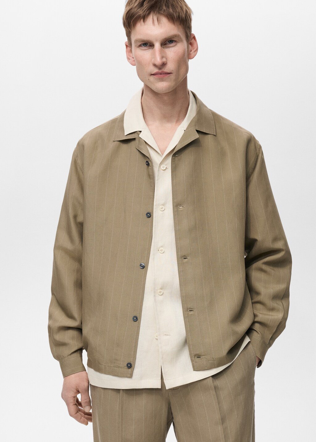 Pinstripe linen bowling overshirt - Khaki