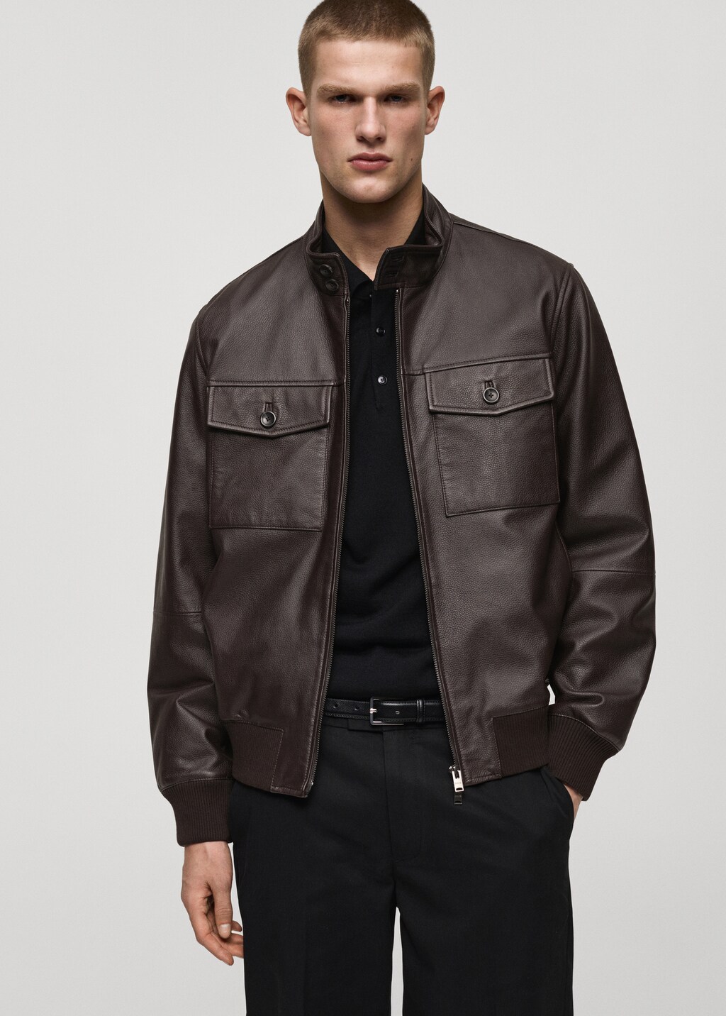 Pocket leather biker jacket - Brown