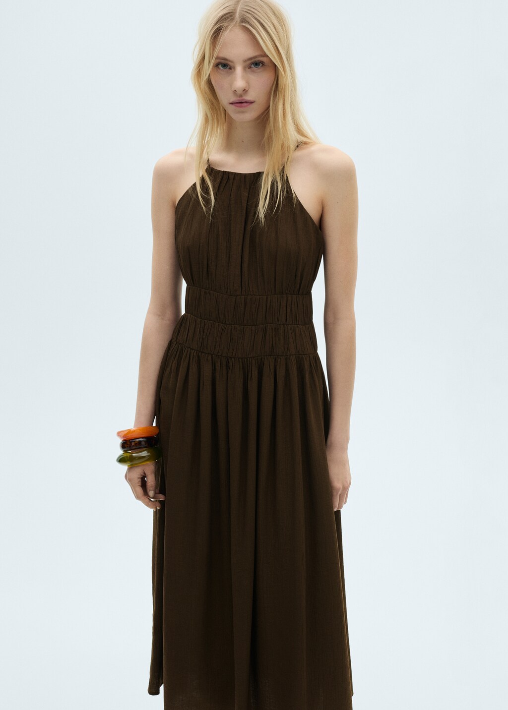 Midi-dress with gathered waist - Brown