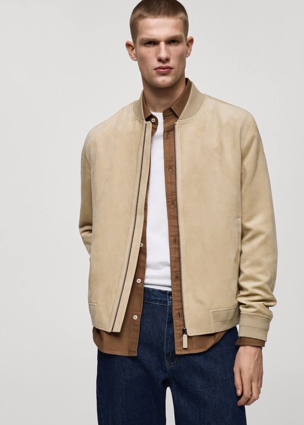 Suede-effect bomber jacket - Cognac