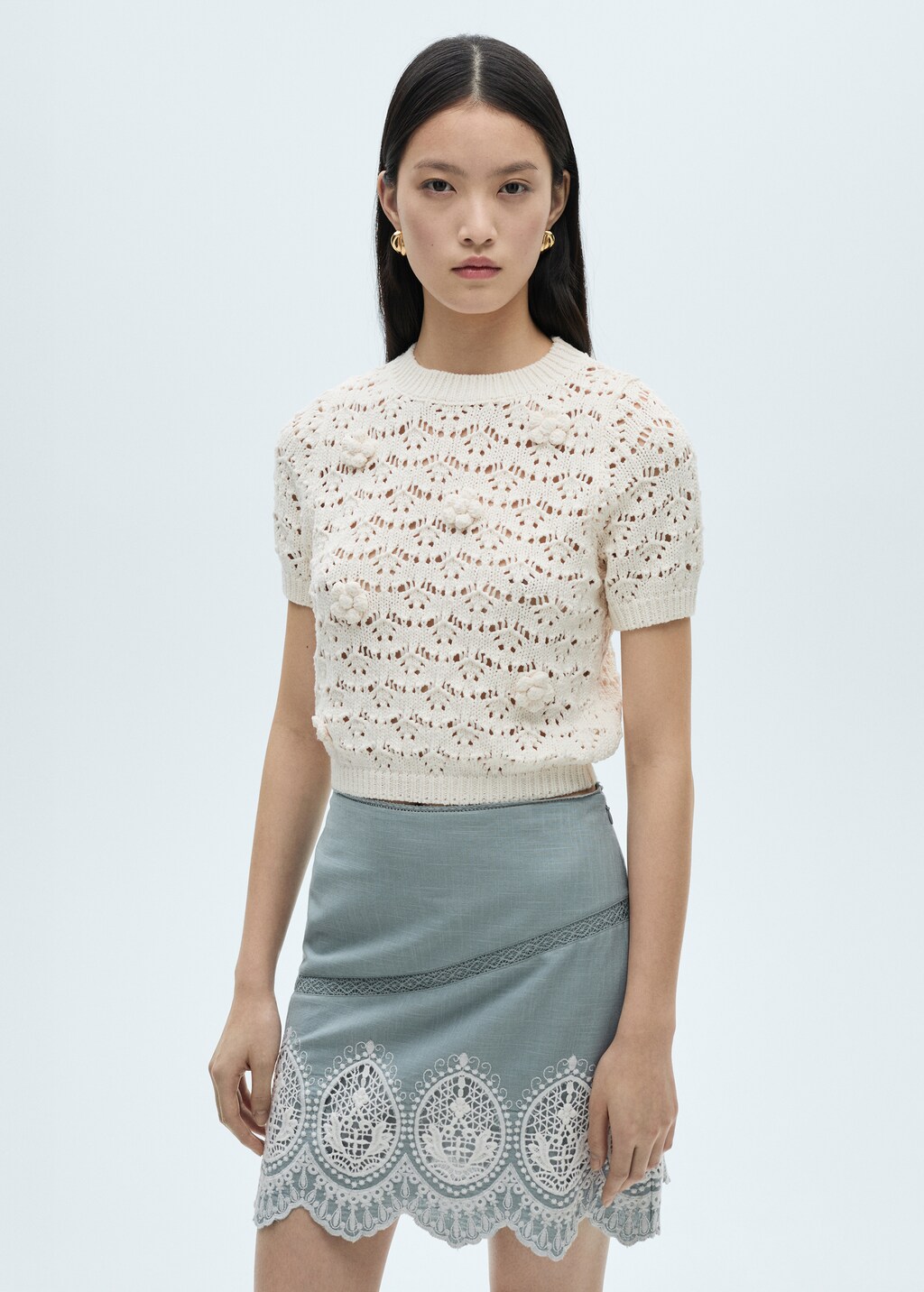 Cotton skirt with embroidered hem - Blue